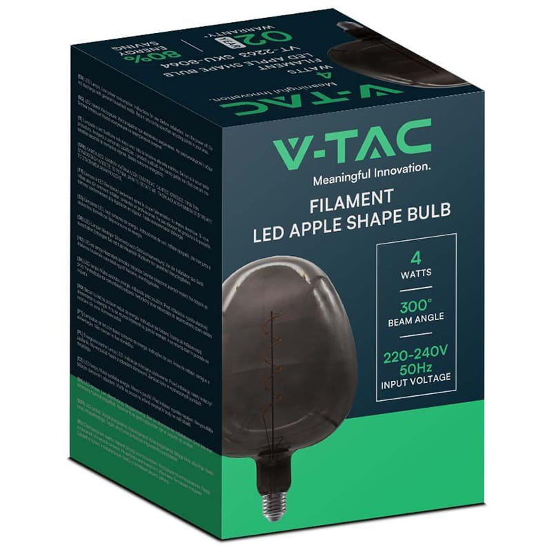 V-Tac BEC FILAMENT LED 4W E27 STICLA NEAGRA