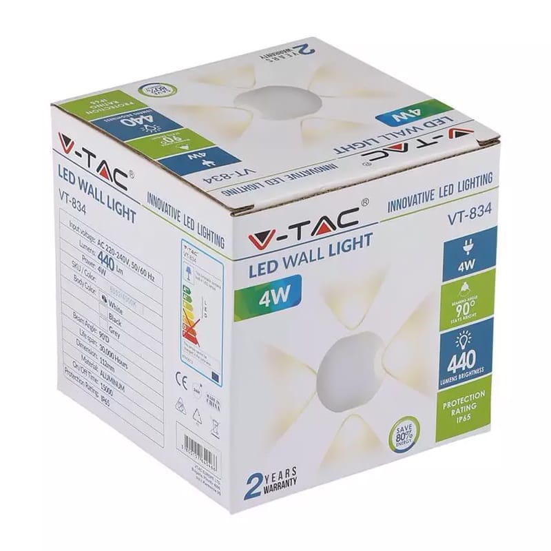 V-Tac Aplica LED exterior V-Tac 4W, IP65, 3000K alb cald, aluminiu alb, 440 lm, montaj pe perete