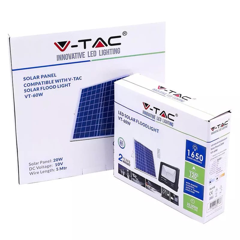 V-Tac Reflector LED Solar V-Tac 20W 4000K Alb Neutru IP65 cu Panou Solar si Baterie 10000mAh, Cablu 5m