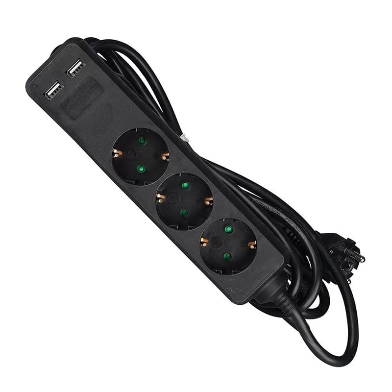 V-Tac PRELUNGITOR 3 CAI + 2USB 5M(3G1.5MM2) NEGRU