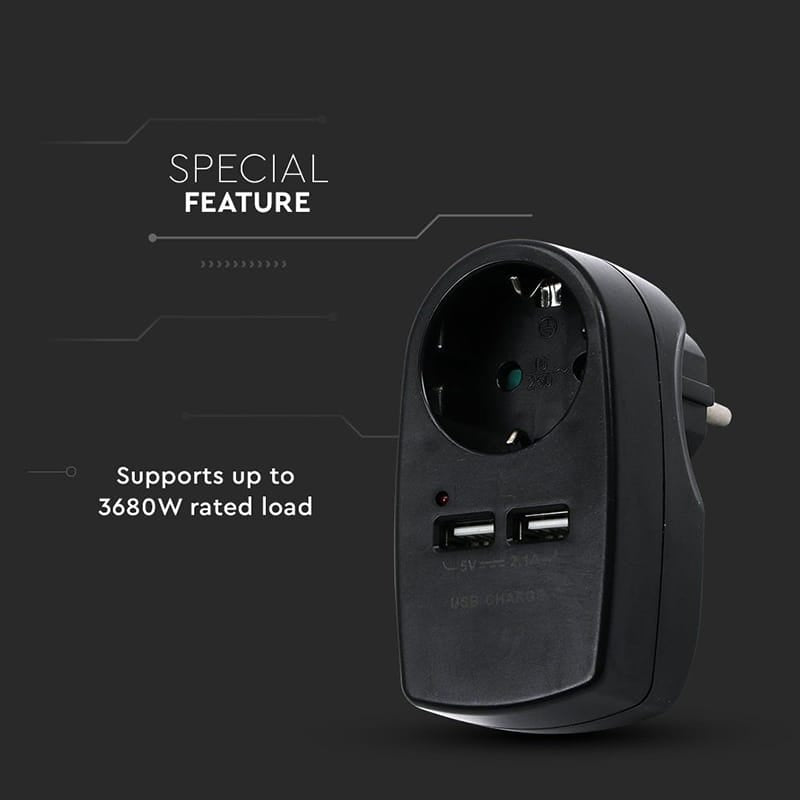 V-Tac ADAPTOR PRIZA 16A 3680W + 2USB 2.1A, NEGRU