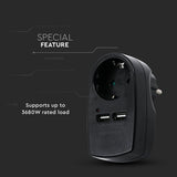 V-Tac ADAPTOR PRIZA 16A 3680W + 2USB 2.1A, NEGRU