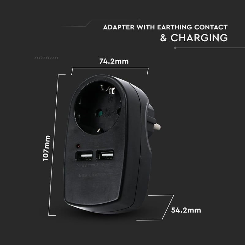 V-Tac ADAPTOR PRIZA 16A 3680W + 2USB 2.1A, NEGRU