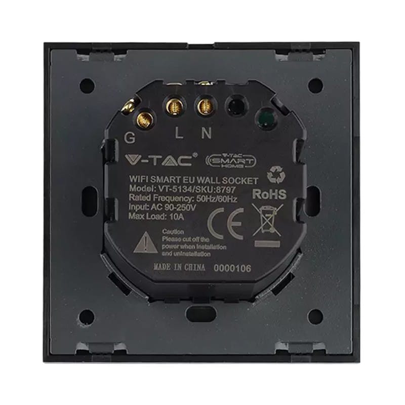 V-Tac PRIZA SMART SIMPLA 16A CU RAMA DIN STICLA , NEGRU