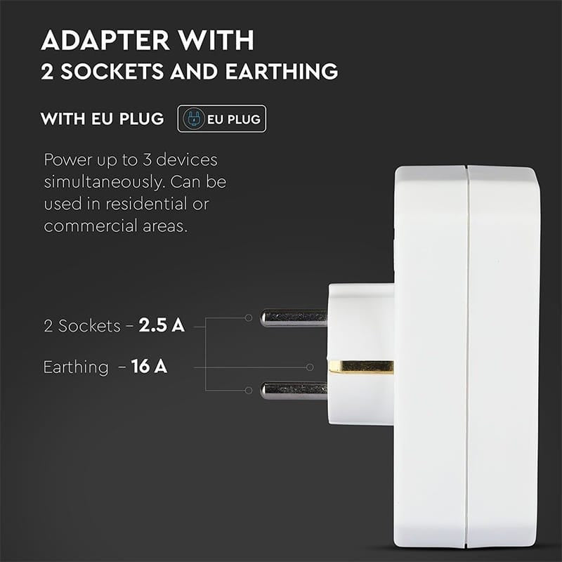 V-Tac ADAPTOR 3 PRIZE 1X16A 2x2.5A MAX 3500W