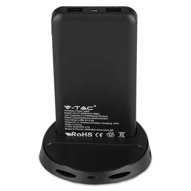 V-Tac POWER BANK 8000MAH INCARCARE WIRELESS MODEL STAND - NEGRU