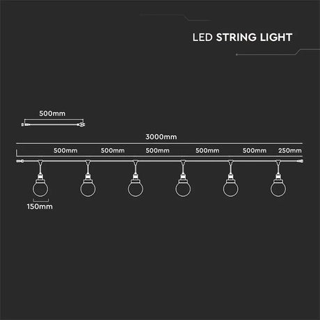 V-Tac Ghirlandă Luminoasă Festivă V-Tac 3m, 6x E27, IP65, Negru, pentru Exterior