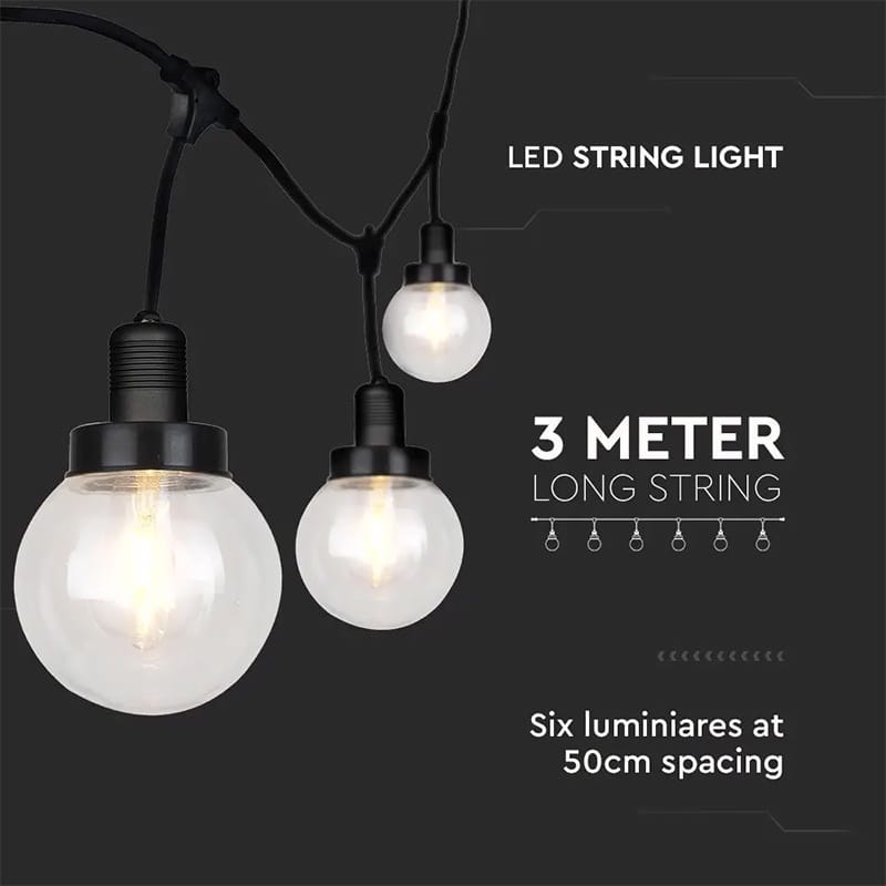 V-Tac Ghirlandă Luminoasă Festivă V-Tac 3m, 6x E27, IP65, Negru, pentru Exterior