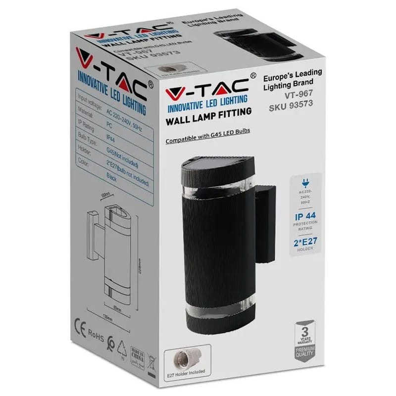 V-Tac LAMPA PERETE SOCLU E27 IP44 - NEGRU