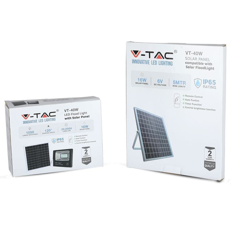 V-Tac Reflector LED Solar V-Tac 16W 6000K Alb Rece IP65 cu Telecomandă, Timer și Cablu 5m, Baterie 10000mAh