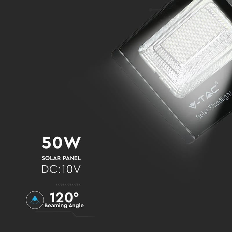 V-Tac Reflector LED Solar V-Tac 50W 6000K IP65 cu Telecomandă, Temporizator și Senzor Auto, 4200 lm