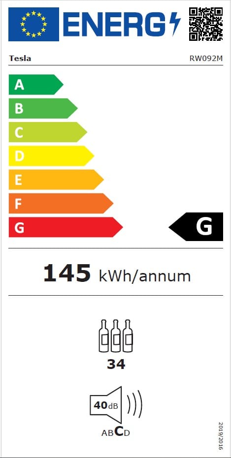 Tesla WG Racitor vinuri Vitrina vinuri Tesla RW092M, 93 l, 34 sticle, Control electronic, rafturi lemn, H 84.5 cm, Negru