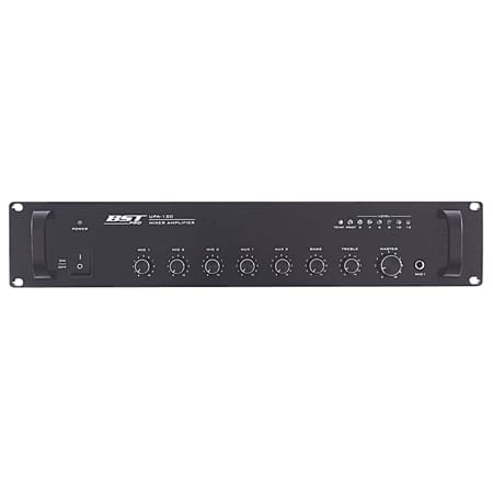 BST Amplificator linie 100V BST 120W, 3 intrări microfon, 2 AUX, phantom +48V, montaj rack 19” 2U