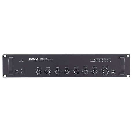 BST Amplificator linie 100V BST 120W, 3 intrări microfon, 2 AUX, phantom +48V, montaj rack 19” 2U
