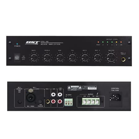 BST Mixer amplificat 100V BST 40W, 2 intrări microfon (phantom +48V), AUX, telefon, prioritate MIC1, EQ 2 benzi