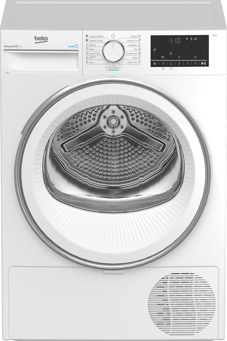 BEKO Uscator de rufe cu pompa de caldura Beko, 7 kg, Clasa C, 15 programe, motor ProSmartInverter, display, SteamCure, OptiSense, Alb