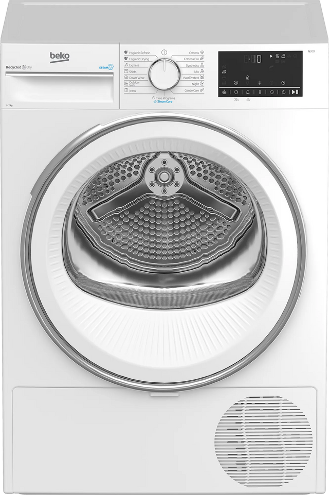 BEKO Uscator de rufe cu pompa de caldura Beko, 7 kg, Clasa C, 15 programe, motor ProSmartInverter, display, SteamCure, OptiSense, Alb