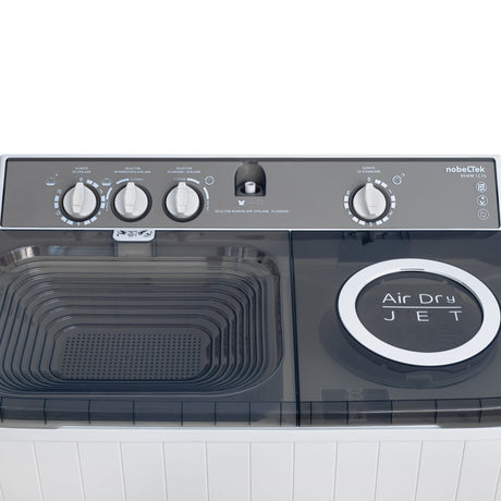 NobeLTek Mașină de spălat rufe semi-automată Nobeltek 12 kg, stoarcere 7 kg, 450W/195W, temporizator 0–15/0–5 min, evacuare gravitațională, Alb/Silver