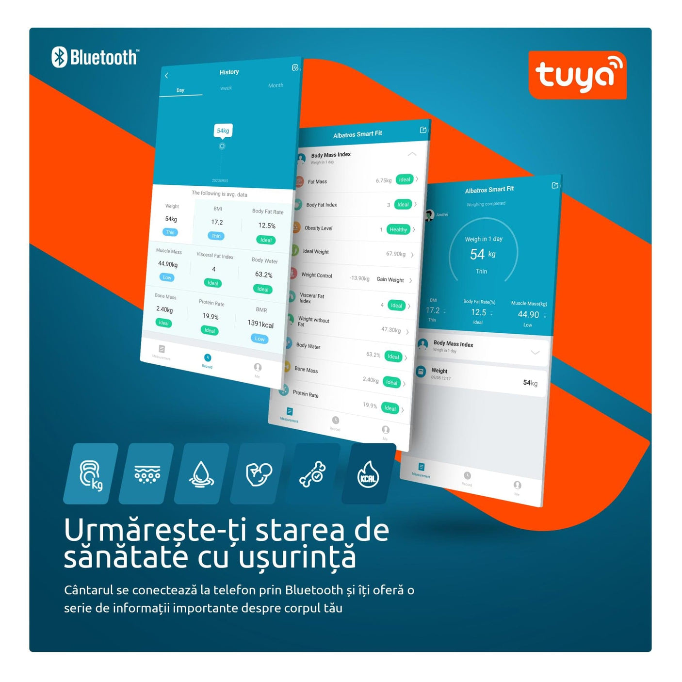 Albatros Cantar corporal Cântar Corporal Albatros SMART FIT | 180kg, 1.5V, AA, Roșu, Smart