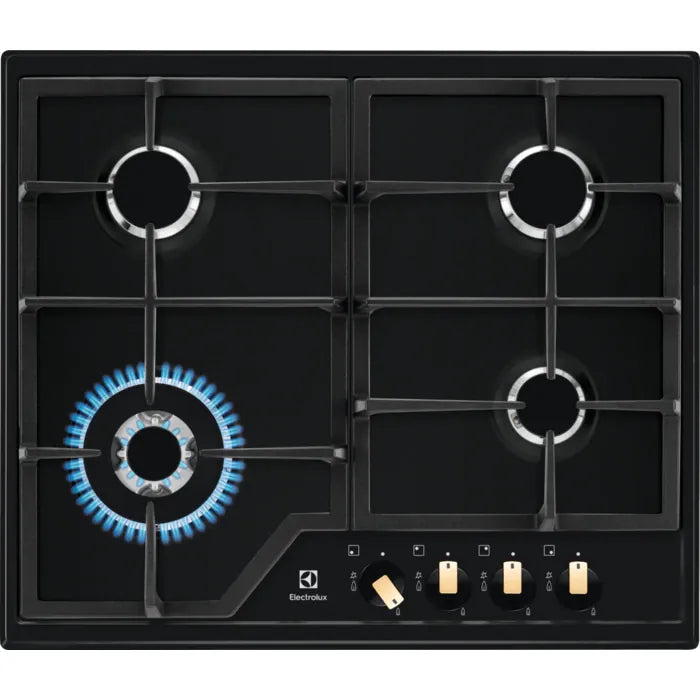 Electrolux Plita incorporabila Electrolux, Gaz, 4 zone de gatit, Aprindere electrica, Dispozitiv de siguranta, Arzator Wok, Gratare fonta, 60 cm, Negru