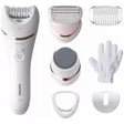 Philips Epilator umed si uscat Philips Seria 8000, 7 accesorii, 32 pensete, utilizare fara fir, 2 setari viteza, opti-light, discuri ceramice, Argintiu