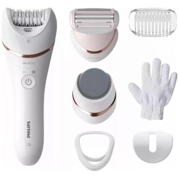 Philips Epilator umed si uscat Philips Seria 8000, 7 accesorii, 32 pensete, utilizare fara fir, 2 setari viteza, opti-light, discuri ceramice, Argintiu