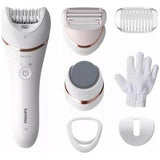 Philips Epilator umed si uscat Philips Seria 8000, 7 accesorii, 32 pensete, utilizare fara fir, 2 setari viteza, opti-light, discuri ceramice, Argintiu