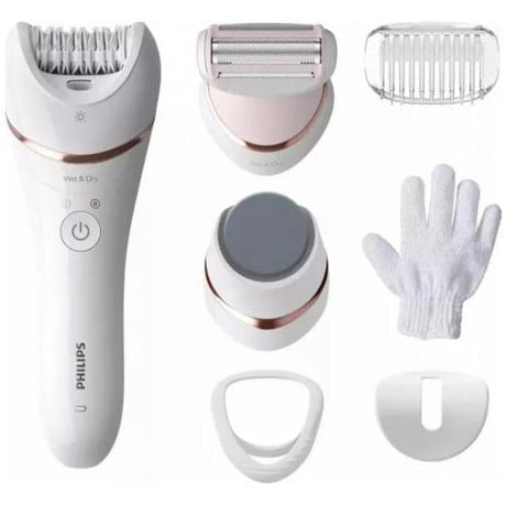 Philips Epilator umed si uscat Philips Seria 8000, 7 accesorii, 32 pensete, utilizare fara fir, 2 setari viteza, opti-light, discuri ceramice, Argintiu