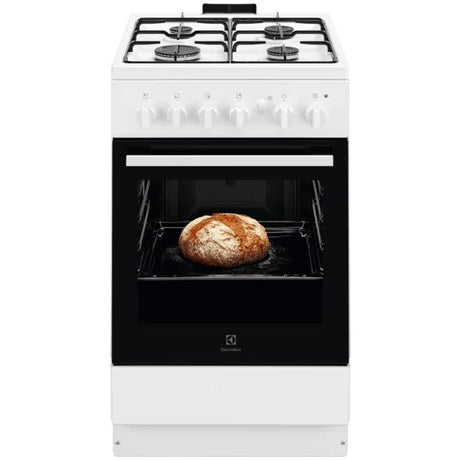 Electrolux Aragaz Electrolux, Gaz, 4 arzatoare, Aprindere integrata plita si cuptor, Siguranta plita si cuptor, Autocuratare catalitica, Grill electric, Rotisor, 50 cm, Alb