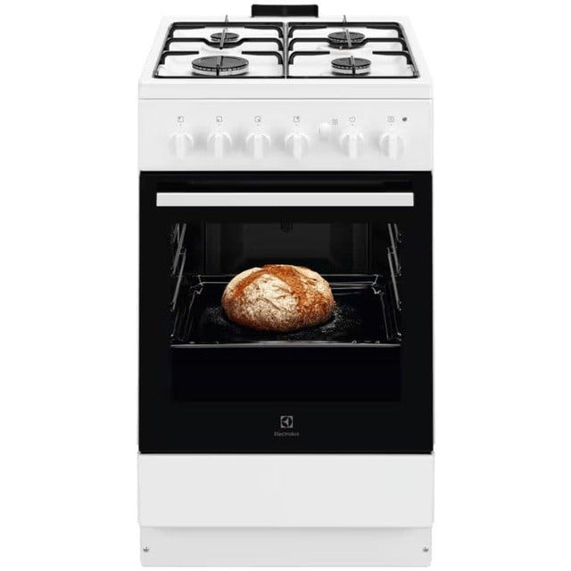 Electrolux Aragaz Electrolux, Gaz, 4 arzatoare, Aprindere integrata plita si cuptor, Siguranta plita si cuptor, Autocuratare catalitica, Grill electric, Rotisor, 50 cm, Alb