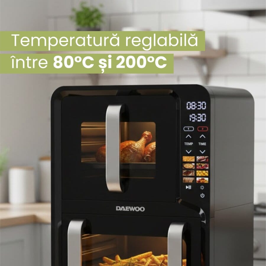 Daewoo Air Fryer Friteuza Dubla Daewoo DAF2X1100UDB | 5L + 7L, 1400W + 1600W, 8 Programe