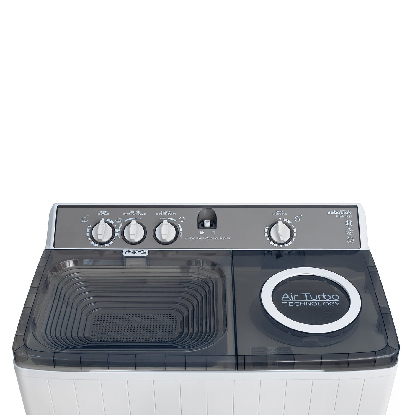 NobeLTek Masina de spalat rufe semi-automata Nobeltek, 10 kg spalare, 5 kg stoarecere, 420W spalare, 190W stoarcere, timp spalare 0-15 min, timp stoarcere 0-5 min, evacuare apa uzata: prin cadere libera, culoare corp Alb, capac Silver