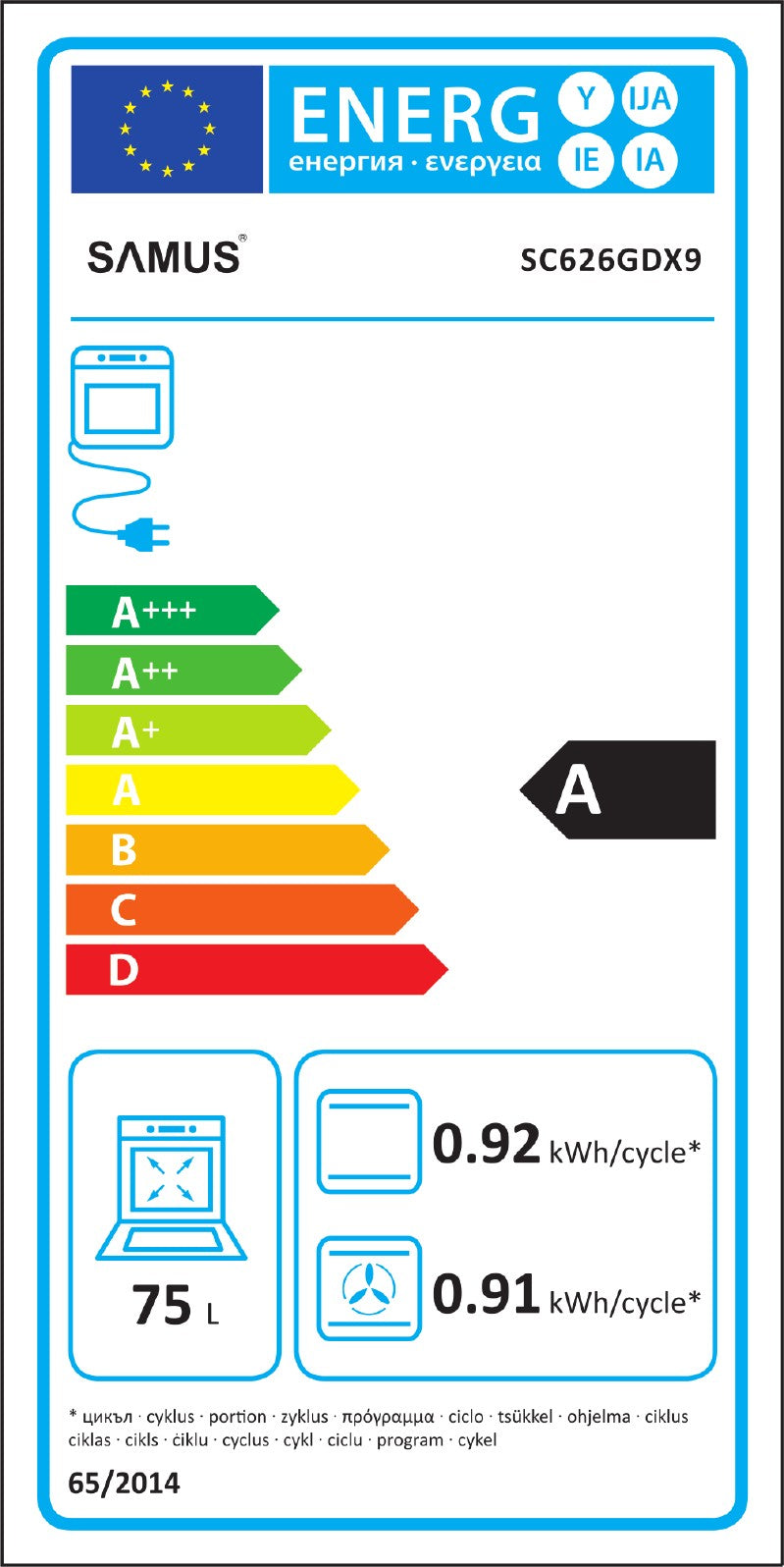 Cuptor Incorporabil Samus SC626GDX9 | 2800W, 75L, Gri, Digital, 59.8x59.8x57.7cm - Etichetă energetică