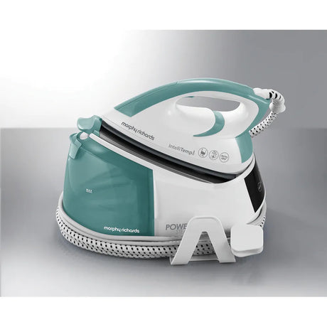 Morphy Richards Statie de calcat, Morphy Richards, Power steam Intellitemp, 2600W, 5 bar, 1.5l functie Intellitemp, Talpa Ceramica, 110g/min, 190g debit de abur continuu, Alb/Verde