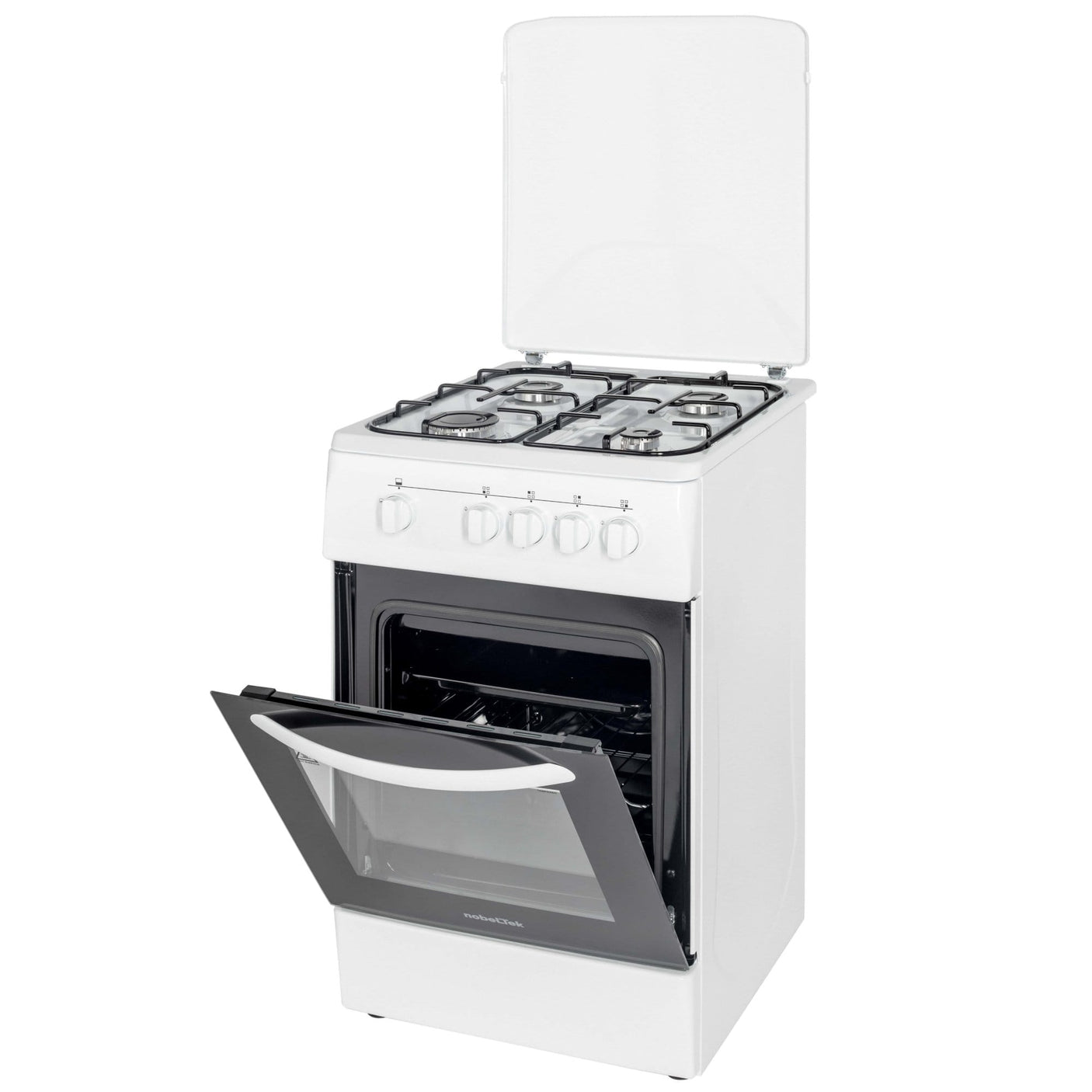 NobeLTek Cooking Aragaz Nobeltek, 50x60, plita si cuptor pe gaz, siguranta plita si cuptor, echipat cu diuze GPL, diuze GN de schimb, capac tabla, alb