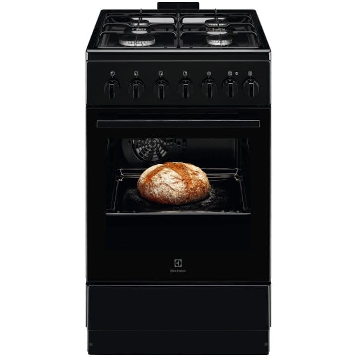 Electrolux Aragaz Electrolux, Mixt, 4 arzatoare, Siguranta plita, Aprindere integrata, Timer mecanic, Iluminare cuptor, Grill, Clasa A, 50 cm, Negru