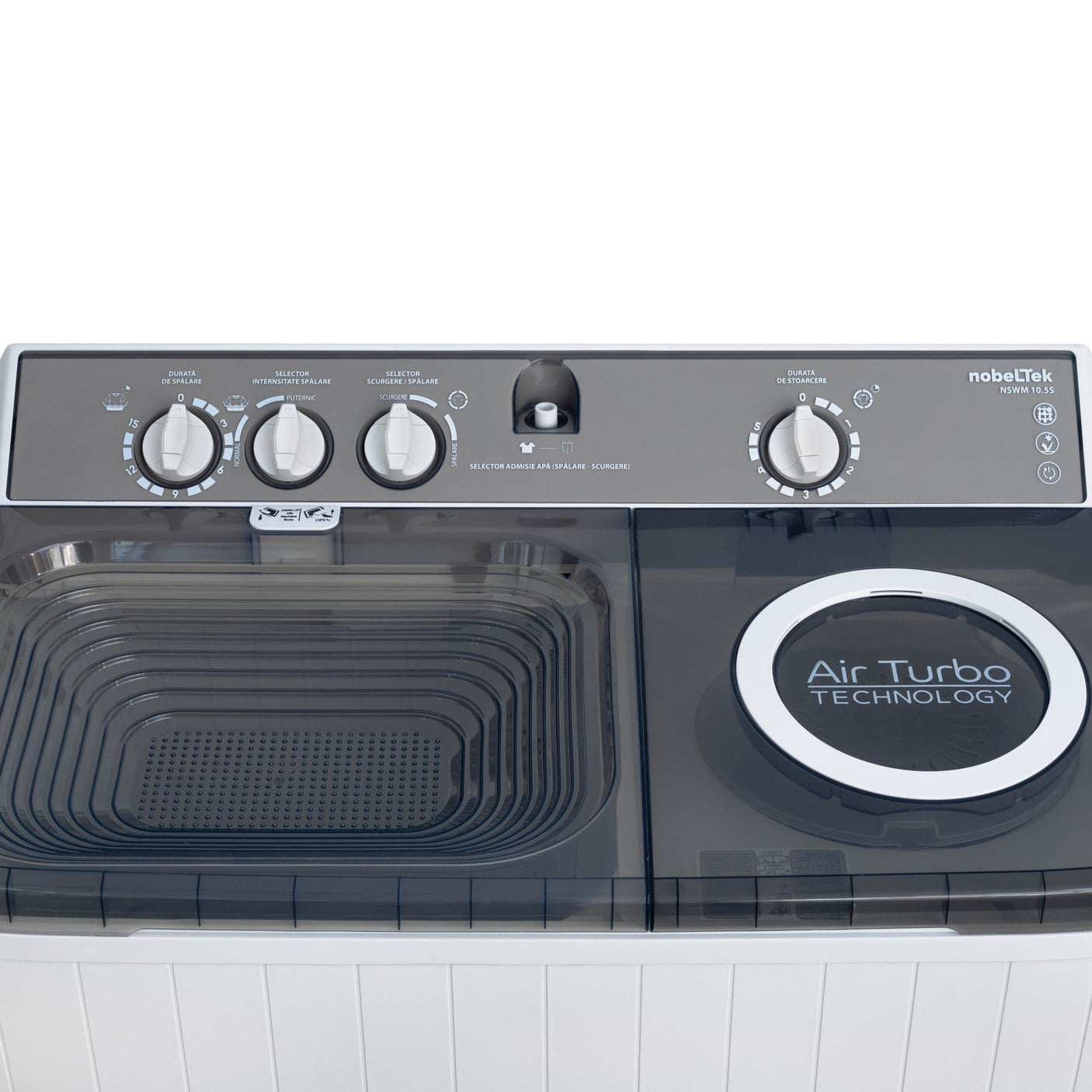 NobeLTek Masina de spalat rufe semi-automata Nobeltek, 10 kg spalare, 5 kg stoarecere, 420W spalare, 190W stoarcere, timp spalare 0-15 min, timp stoarcere 0-5 min, evacuare apa uzata: prin cadere libera, culoare corp Alb, capac Silver