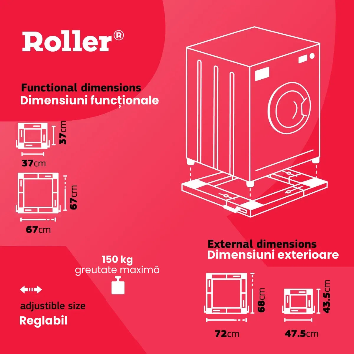 Roller Accesorii masini de spalat Baza cu Role Roller 00706 | 37-62cm, Reglabila, Transport Masina Spalat
