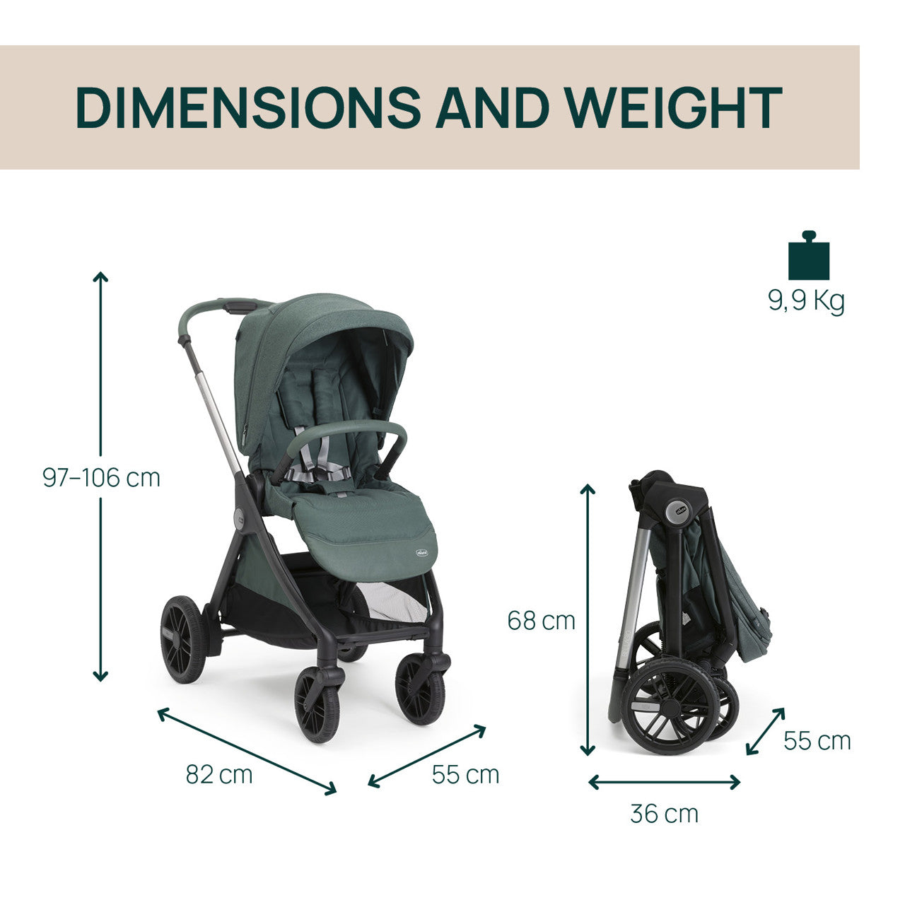 Carucior Copii 3 în 1 Chicco Bellagio 2, Fir Tree (verde Inchis), 0luni+