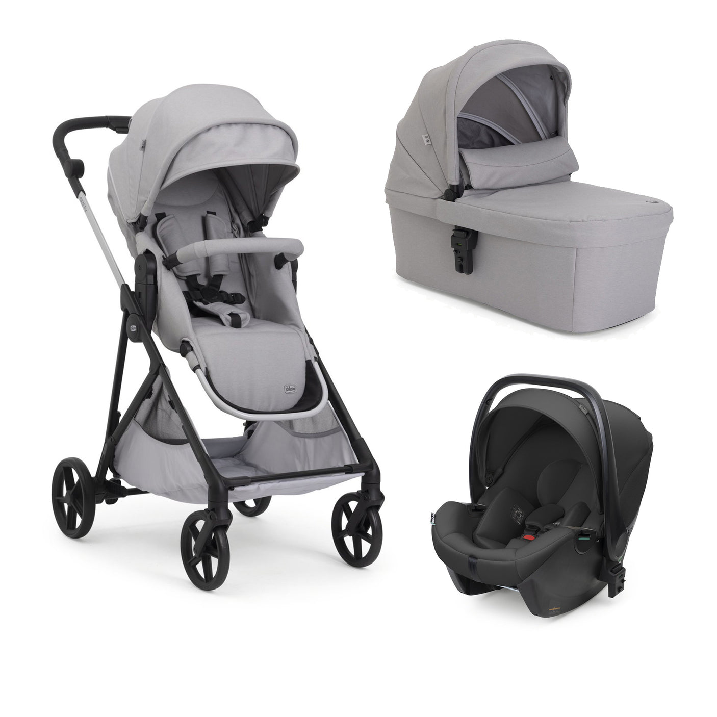 Carucior Copii 3 în 1 Chicco Seety, cu Scaun Auto Kory Plus I-size, Cloud (gri), 0luni+