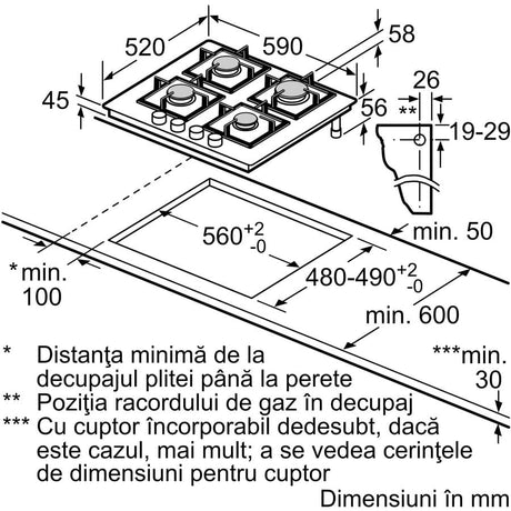 Bosch Plita incorporabila Plita Incorporabila Bosch PNN6B6K40 | Gaz, 4 Arzatoare, 60cm, Gratar Fonta, 59x52x4.5cm