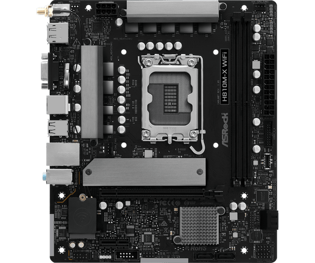 ASROCK Asrock H810M-X WiFi. Processor manufacturer: Intel, Processor socket: LGA 1851 (Socket V1), Compatible processor series: Intel Core Ultra (Series 2). Supported memory types: DDR5-SDRAM, Maximum intern