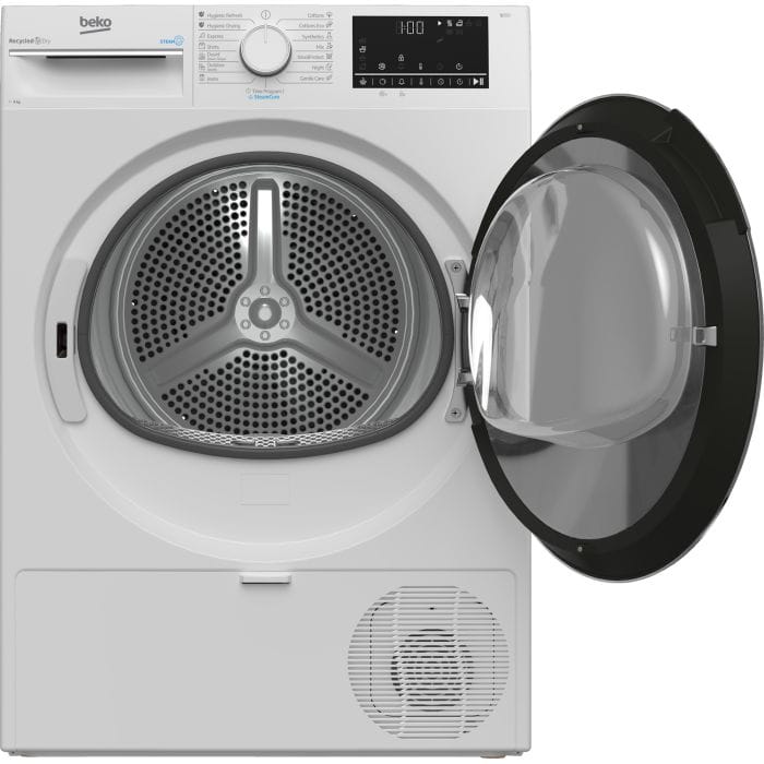 BEKO Uscator de rufe Beko, Pompa de caldura, 8 kg, 15 programe, Clasa C, RecycledDry, Motor ProSmartT Inverter, OptiSense, Aquawaver, Alb