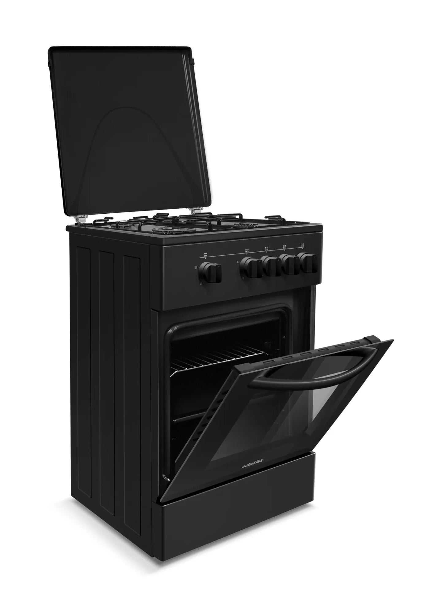 NobeLTek Cooking Aragaz Nobeltek, 50x50, plita gaz, cuptor gaz, siguranta plita si cuptor, echipat cu diuze GPL, diuze GN de schimb, capac tabla, negru