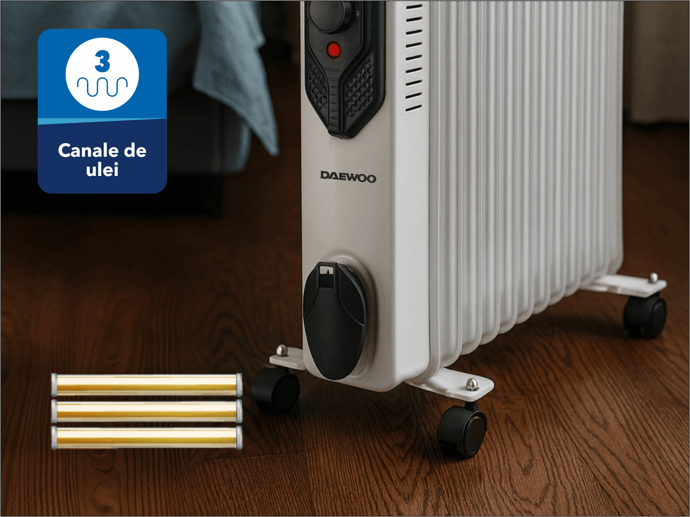 Daewoo SDA Calorifer electric cu ulei Daewoo, 2000 W, 9 elementi, 3 canale de ulei, 3 nivele de putere, termostat reglabil, protectie supraincalzire, indicator luminos, role de deplasare