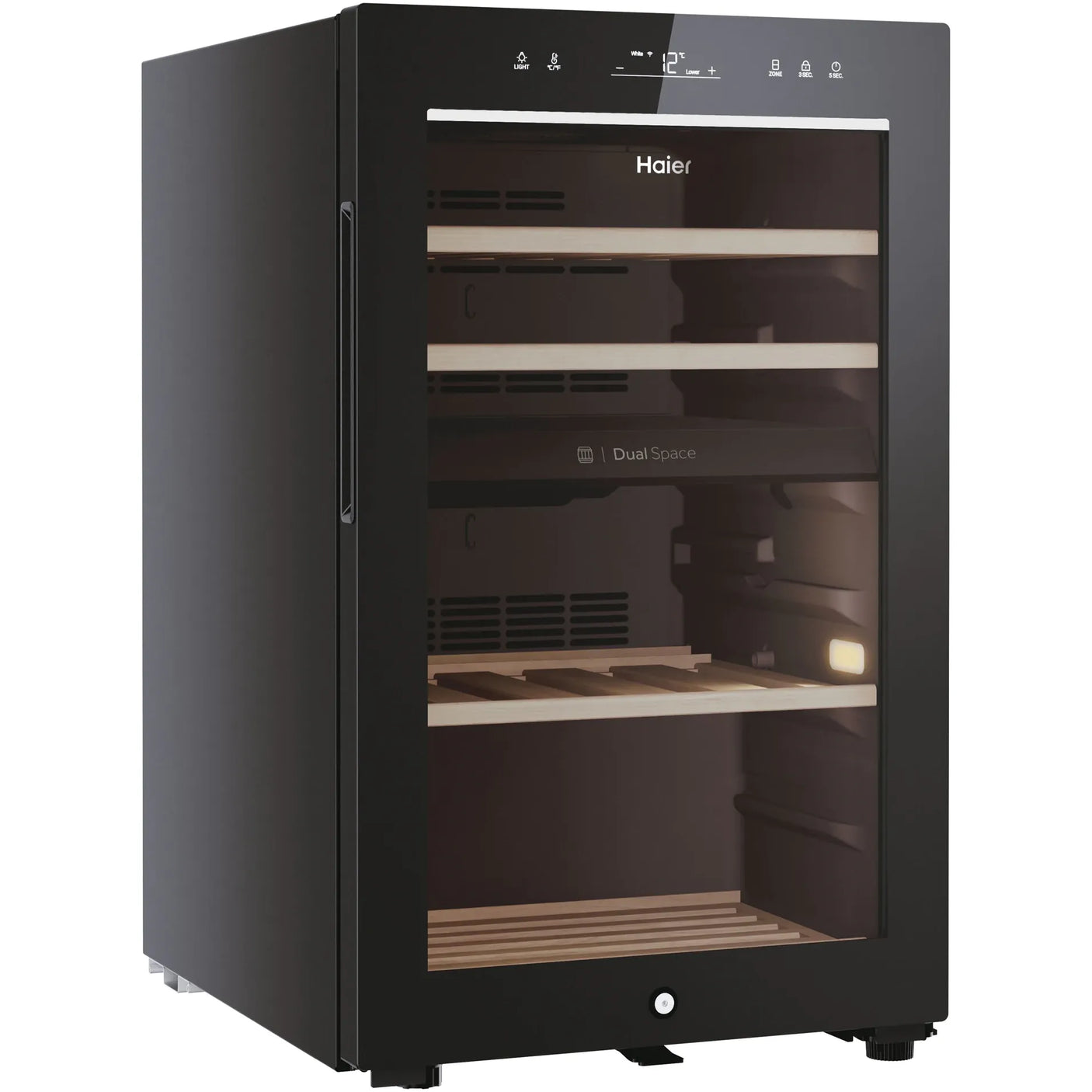 HAIER Racitor de vinuri HAIER, 42 sticle, conectivitate WiFi, clasa G, LED, dual zone, usa reversibila, H 82 cm, negru
