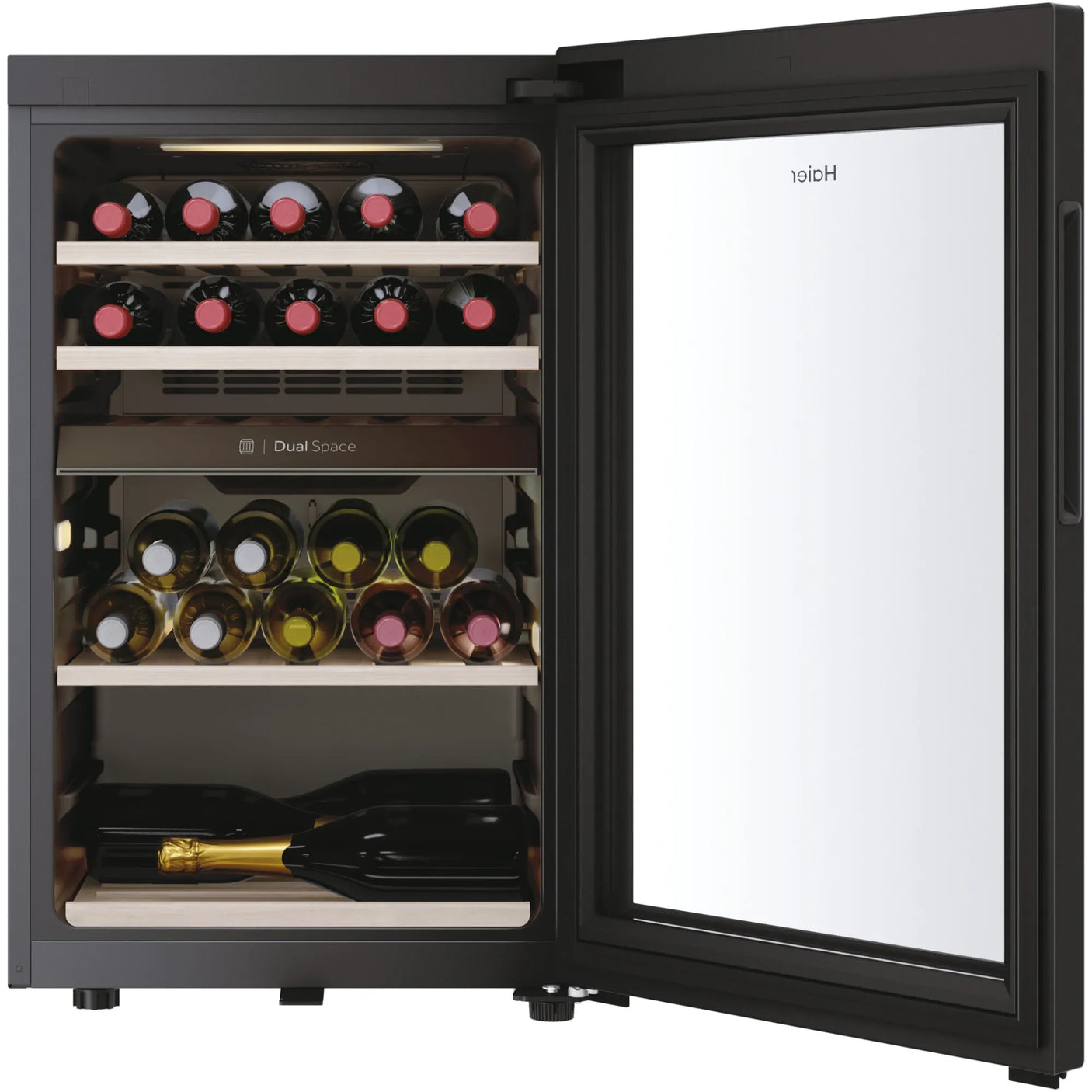 HAIER Racitor de vinuri HAIER, 42 sticle, conectivitate WiFi, clasa G, LED, dual zone, usa reversibila, H 82 cm, negru