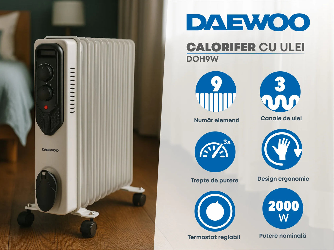 Daewoo SDA Calorifer electric cu ulei Daewoo, 2000 W, 9 elementi, 3 canale de ulei, 3 nivele de putere, termostat reglabil, protectie supraincalzire, indicator luminos, role de deplasare