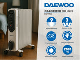 Daewoo SDA Calorifer electric cu ulei Daewoo, 2000 W, 9 elementi, 3 canale de ulei, 3 nivele de putere, termostat reglabil, protectie supraincalzire, indicator luminos, role de deplasare