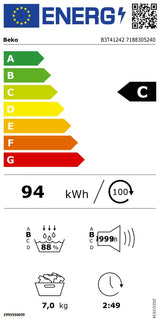 BEKO Uscator de rufe cu pompa de caldura Beko, 7 kg, Clasa C, 15 programe, motor ProSmartInverter, display, SteamCure, OptiSense, Alb